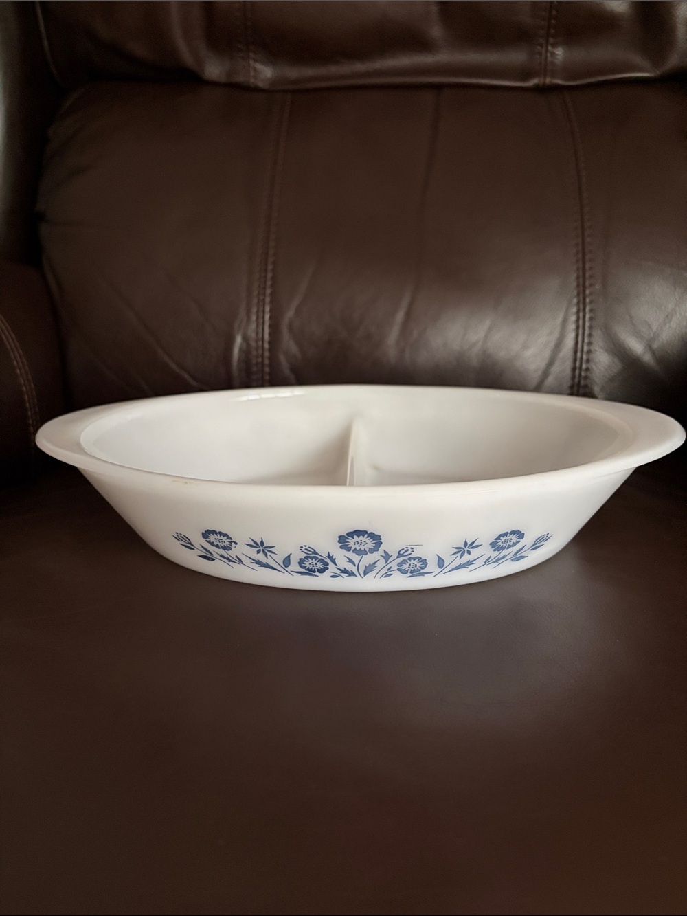Vintage Glassbake Divided Serving Bowl with Blue Floral Border